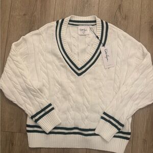 Walter Hagen White V-Neck Sweater with Dark Green Trim